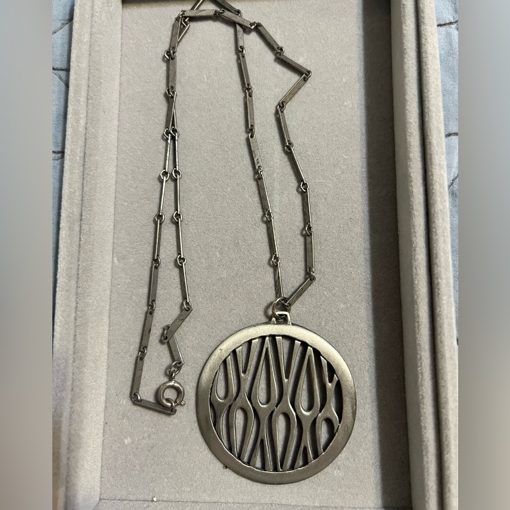 Vintage Coro CoroCraft medallion pendant with bar link chain in brushed silver